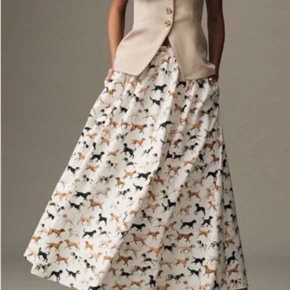 Anthropologie dog Print Maxi Skirt in Cream and Black - Picture 1 of 3